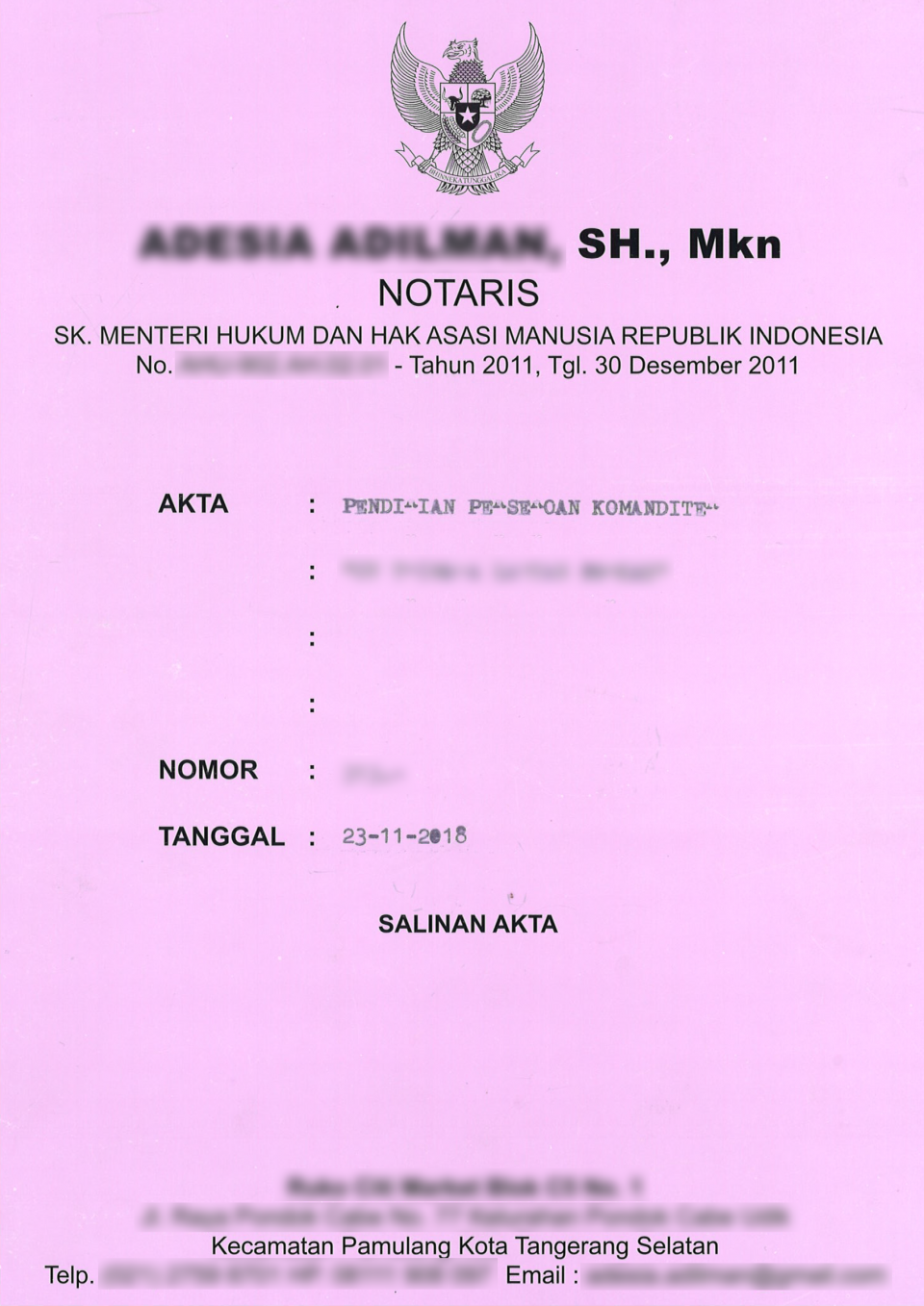 Contoh Akta pendirian cv